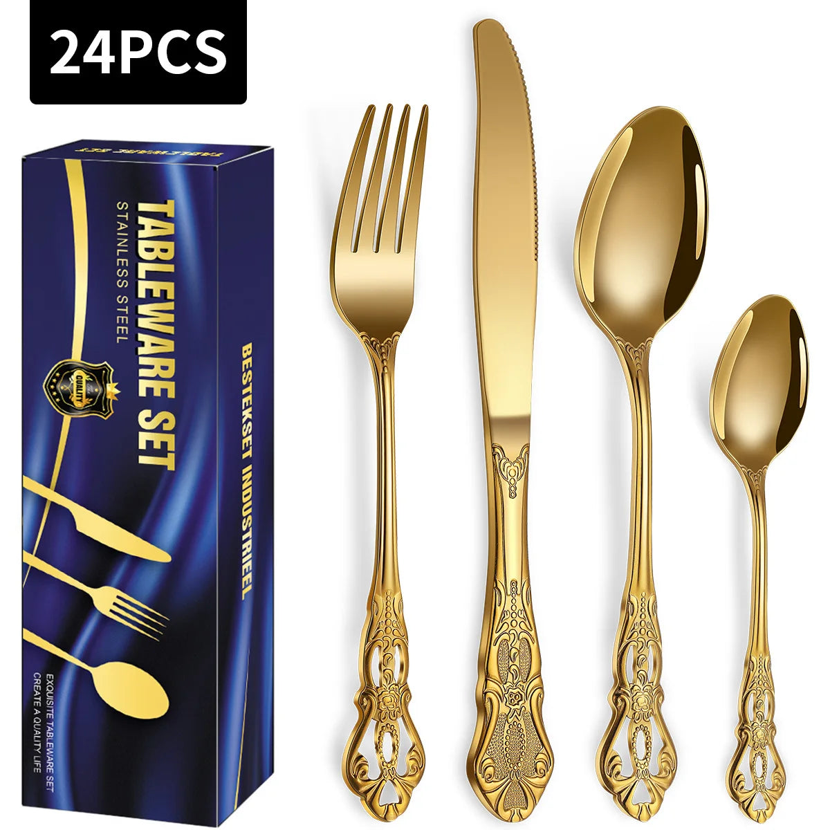 N0507 Cutlery Sets Luxury High Quality Wedding Gift Stainless Steel 24pieces Gold Plated Cutlery Set