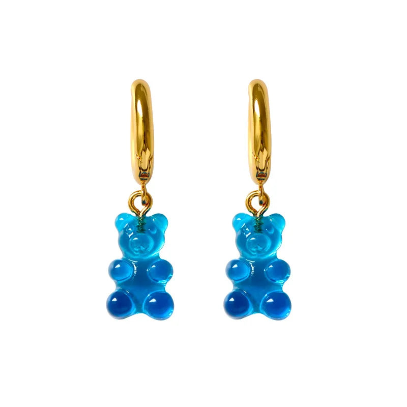 Ins New Cute Teddy Bear Blue Jelly Gummy Resin Exquisite Dangle Compact Embellished Transparent Summer Cool Pendant Earrings