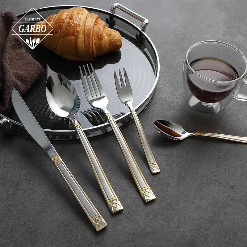 Luxury High-End Stainless Steel Flatware with Gold Design Titanium Handle 201 Shinny Commercial Grade Cutlery Set for Home Use