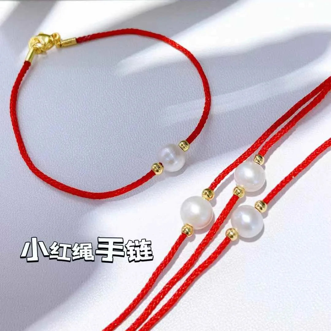 Handmade 7-8mm Near Round Flawless Freshwater Pearl Bracelet Little Red Rope Amazing Bracelet