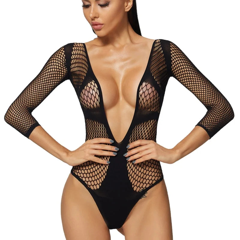 High Quality Black Orchid Bow Firm Control Eco-Friendly Breathable Transparent Long Sleeve Mesh Women's Lingerie