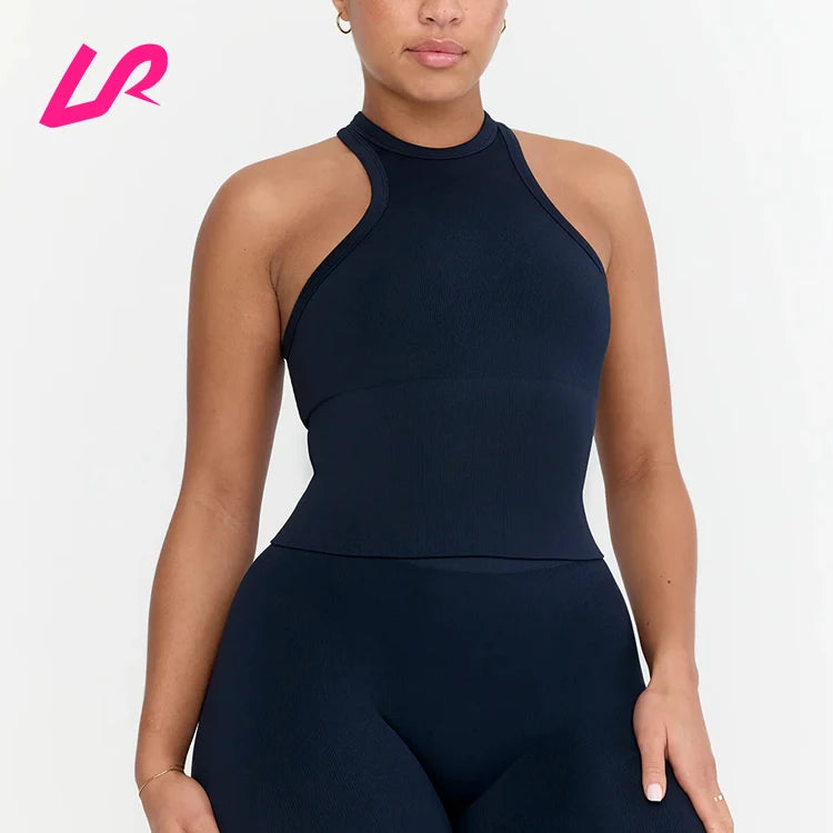 2024 OEM New Style Wholesale Breathable Running Plain Gym Fitness Crop Tops Short Sleeve Yoga Top Racer Back Seamless Tank Top