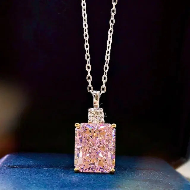 925 Sterling Silver pink square Diamond Necklace for Women