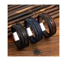 2024 Personalized Braided Leather Bracelets With Metal Magnet Clasp Trendy Unique Leather Feather Bracelet for Men