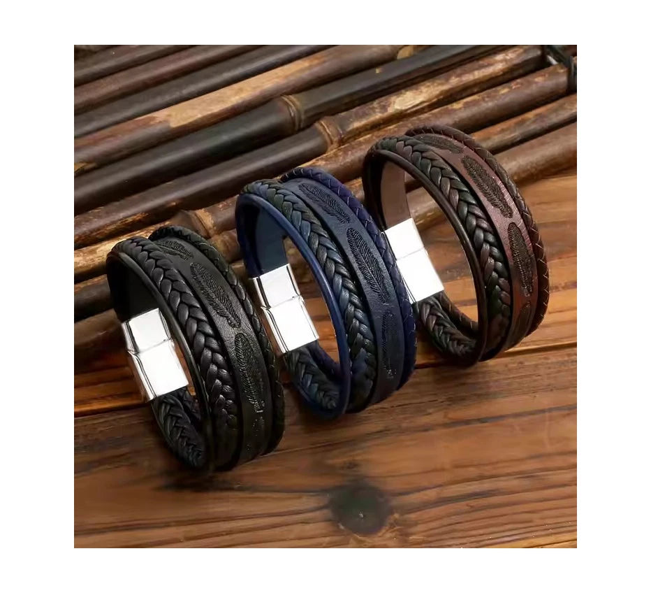 2024 Personalized Braided Leather Bracelets With Metal Magnet Clasp Trendy Unique Leather Feather Bracelet for Men