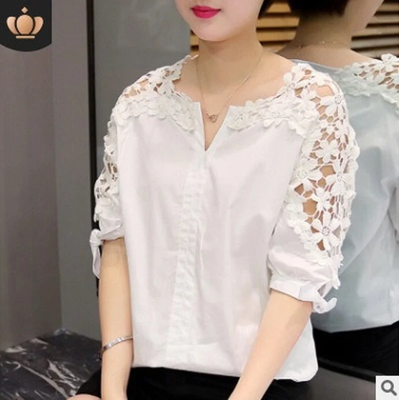 Wholesale 2026 Summer New Style Plus Size Women's Loose Korean Version of the Hollow Blouse Lace Bottoming Shirt Ladies Blouse