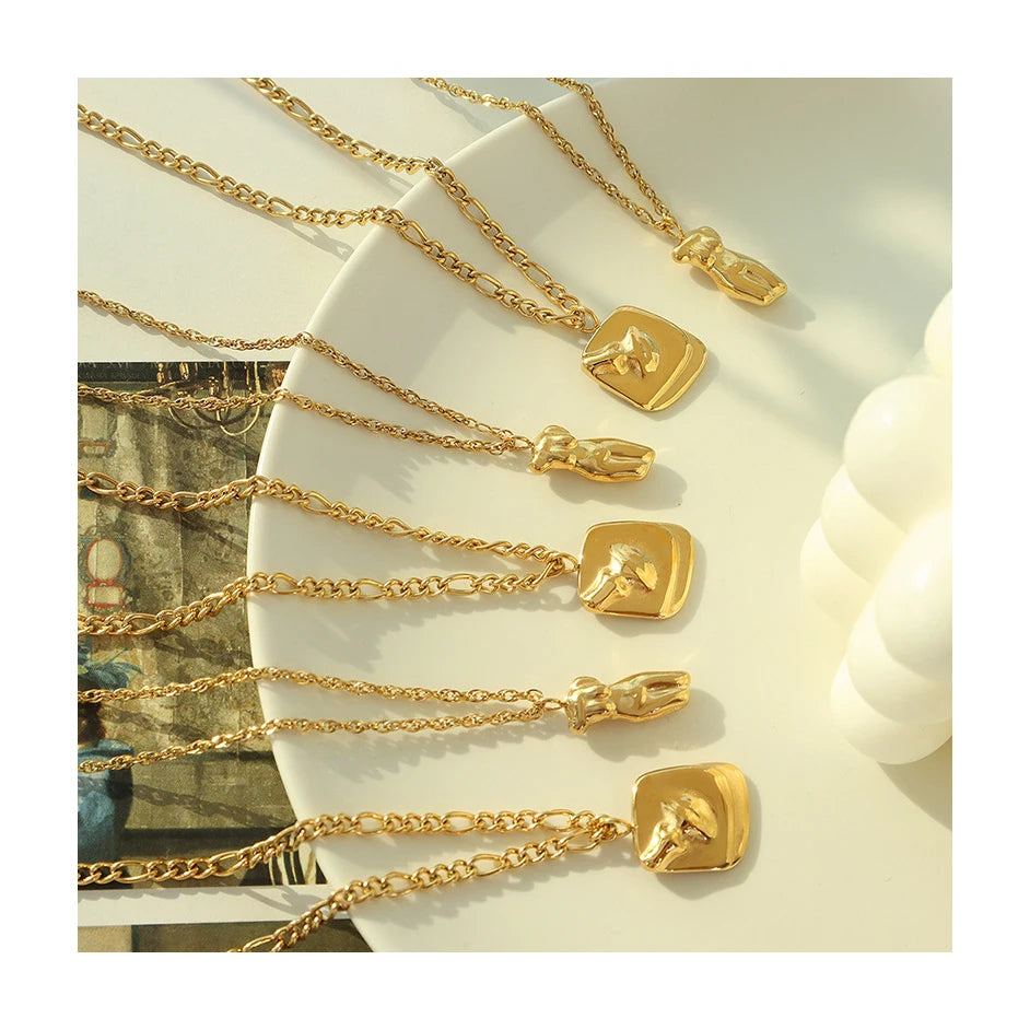 ERESI 18K Gold Plated Fashion Jewelry Abstract Body Face Square Necklace Stainless Steel Pendant Necklaces for Women