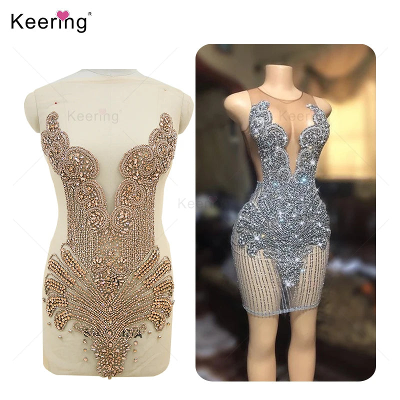WDP-245-1Keering Peach Color Stone Rose Gold Handmade Onlays Crystal Rhinestone Sew on Applique