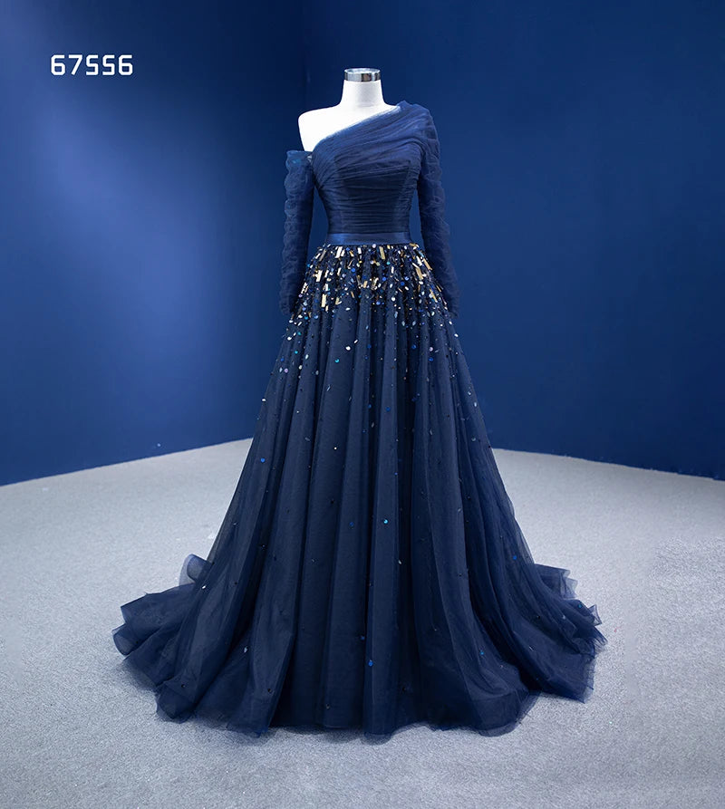 Rsm67556 Long Elegant Evening Dresses Women Blue Sequins Ball Gown Prom Engagement Robe 2022
