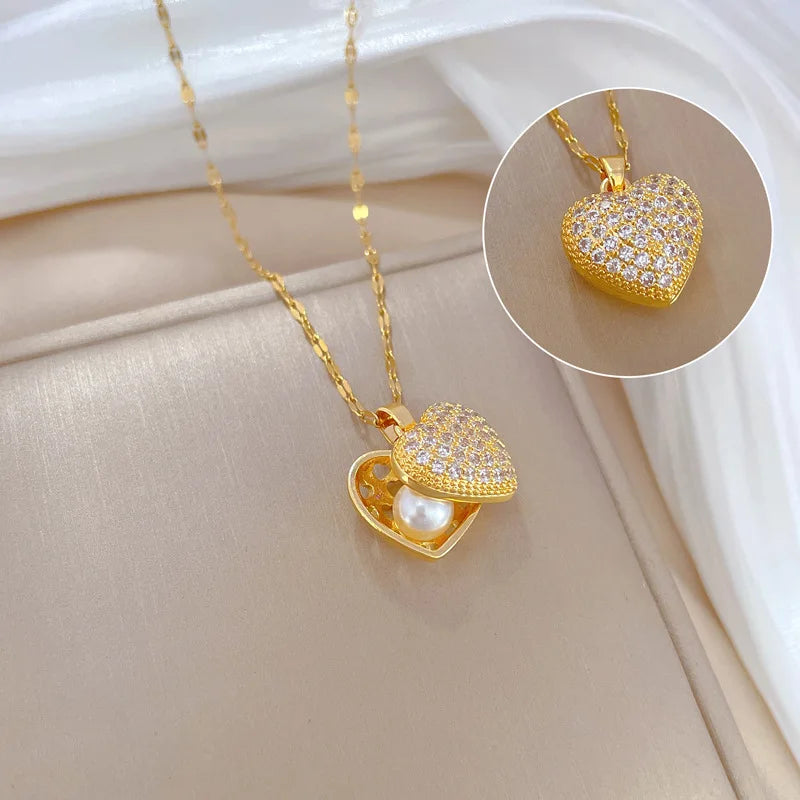 Fashion Hollow Heart Shape Shell Necklace Gold Plated Shell Shape Pearl Stainless Steel Necklace Women's Jewelry