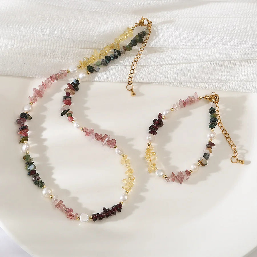 Vintage Natural Tourmaline Stone Necklace Colorful Citrine Garnet Beaded Necklace Freshwater Pearl Necklace for Women Jewelry