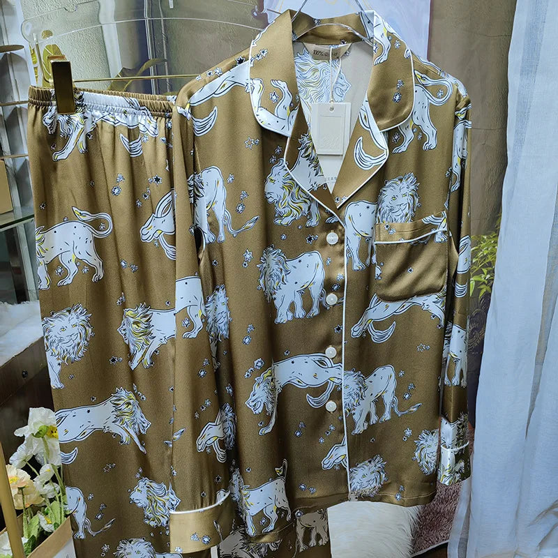 Homestead Can Wear European and American Silk Pajamas Set Women's Silk Large Size Home Wear Long Sleeved Pants Loose