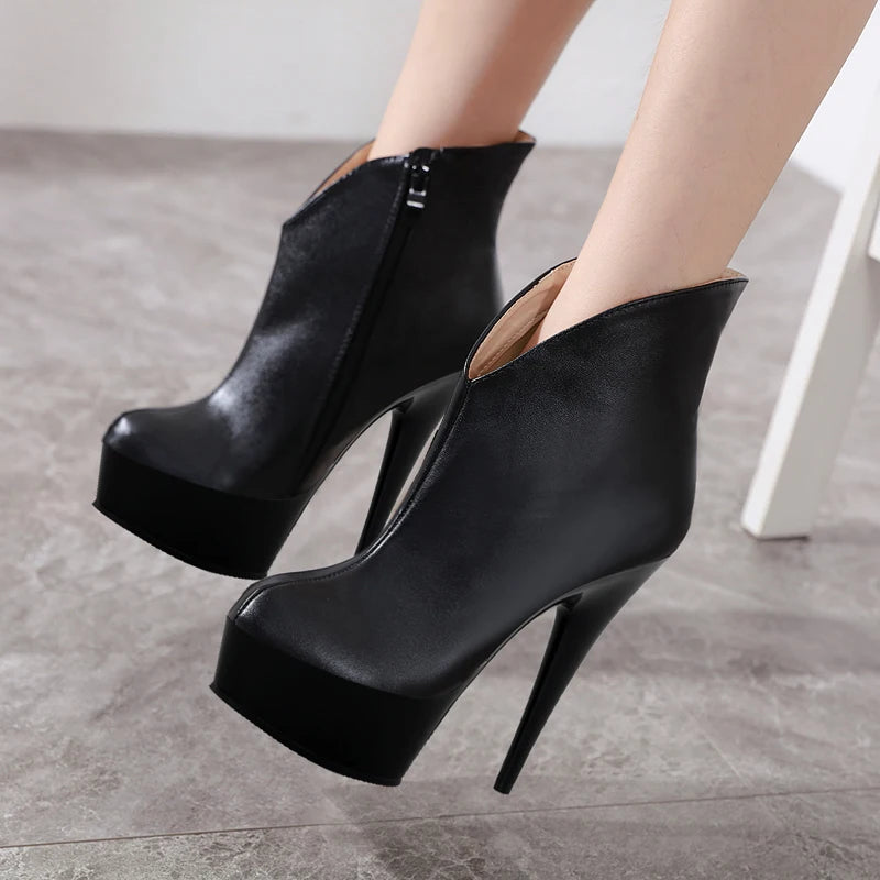 New black transvestite high heels 15 cm thin heels women's large short boots high heels fashion boots