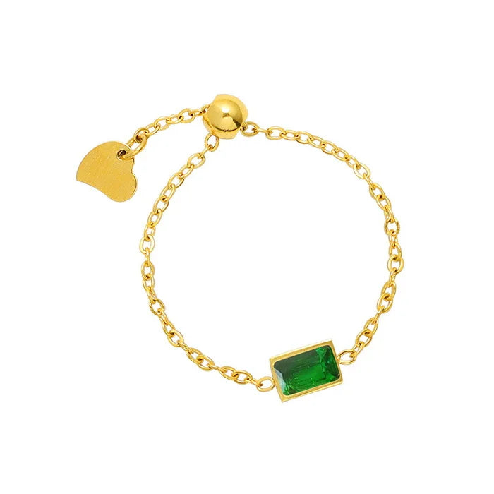 INS Simple Stainless Steel Gold Plated Adjustable Chain Rectangle Stone Rings Titanium Steel PVD Personalized Green Zircon Ring