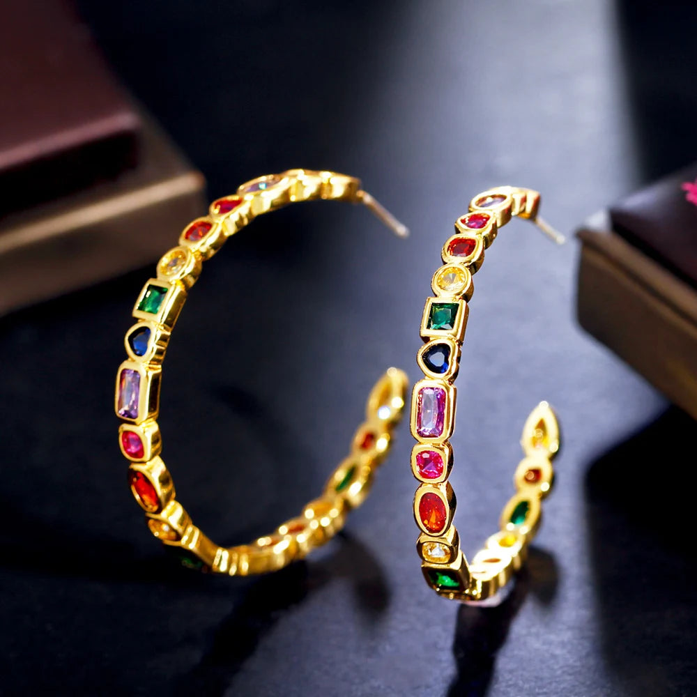Charming Colorful Rainbow Cubic Zirconia Gold Plated Big Circle Round Hoop Earrings for Women Fashion Bohemia Jewelry Gifts