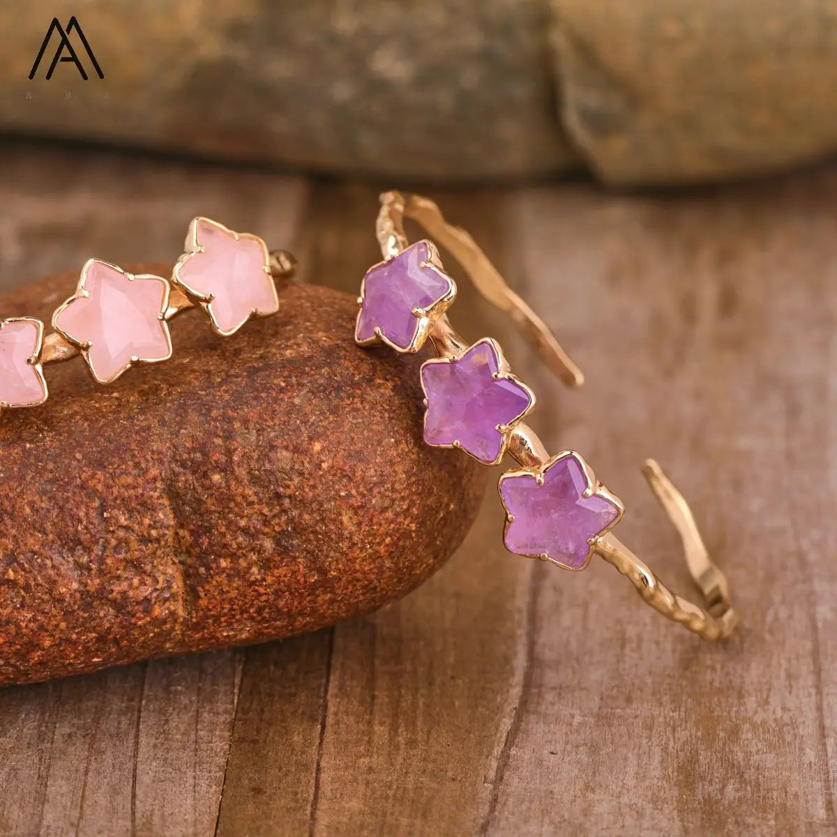 Crystal Star Bangle  Open Cuff Bracelet  Boho Wristband  Healing Chakra Amethyst Quartz Gold Jewelry Women Girl Gifts