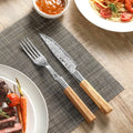 HEZHEN New Design Natural Olive Wood Handle Damascus Steel Steak Knife Fork Set Utensils