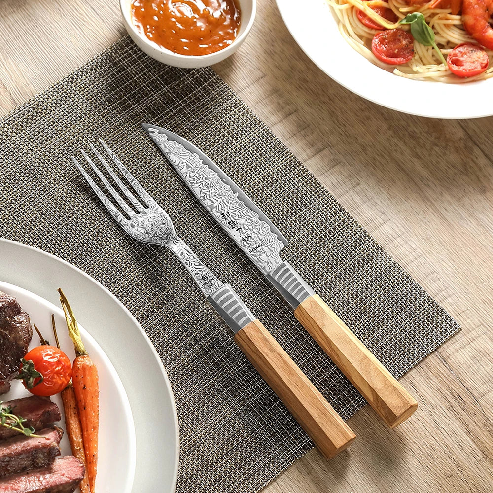 HEZHEN New Design Natural Olive Wood Handle Damascus Steel Steak Knife Fork Set Utensils