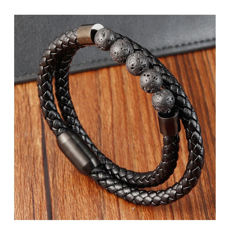 Braided Lava Natural Stone 316L Stainless Steel Magnetic Clasp Bracelet Men's Bangle Genuine Leather Beaded Bracelet