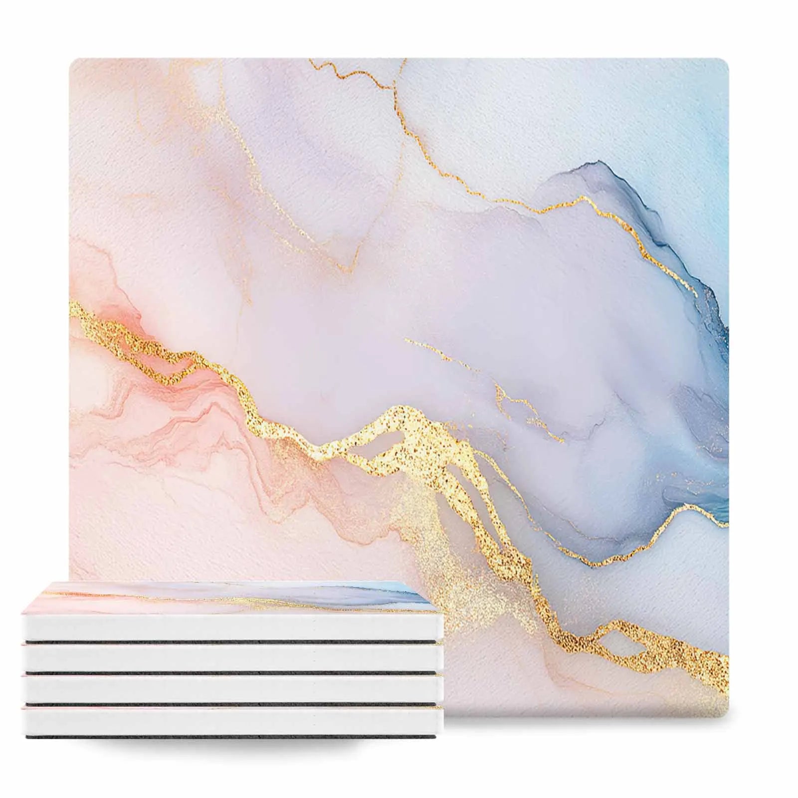 OEM Worn Wood Absorbent Square Marble Pattern Coaster Ceramic Stone Mat with Cork Base and Metal Holder Gift for Housewarming