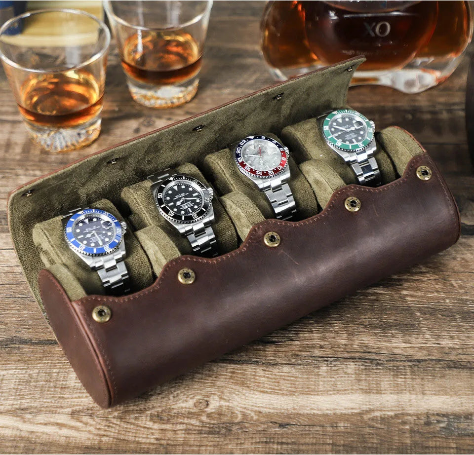 Custom Vintage Crazy Horse Leather 4 Slots Watch Roll Case Cowhide Watch Travel Case Genuine Leather Watch Boxes