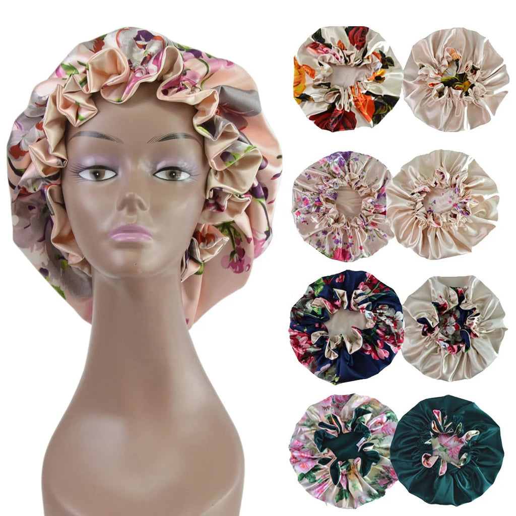 Wholesale Luxury Women's Double Layer Reversible Floral Solid Silk Satin Hair Bonnet Ruffle Edge Sleeping Cap for Daily Use