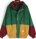 Winter Warm Color Block Hooded Corduroy Jacket Drawstring Hit Color Patched Pocket Thick Basic Women Coat