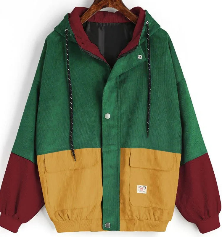 Winter Warm Color Block Hooded Corduroy Jacket Drawstring Hit Color Patched Pocket Thick Basic Women Coat
