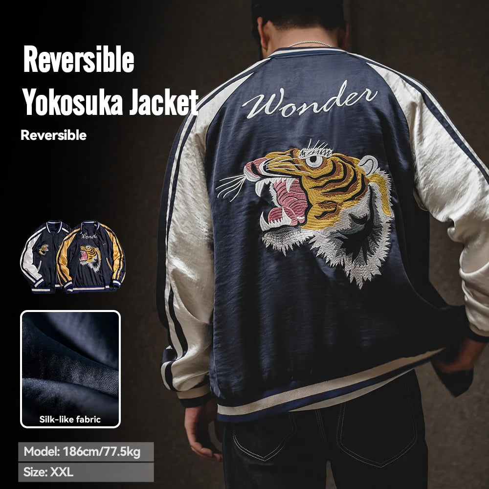 Jacket Maden Men's Reversible Jacket Vintage Workwear Style Classic Tiger Embroidered Wrinkle-Free Drapey Bomber Jacket Fall RTS