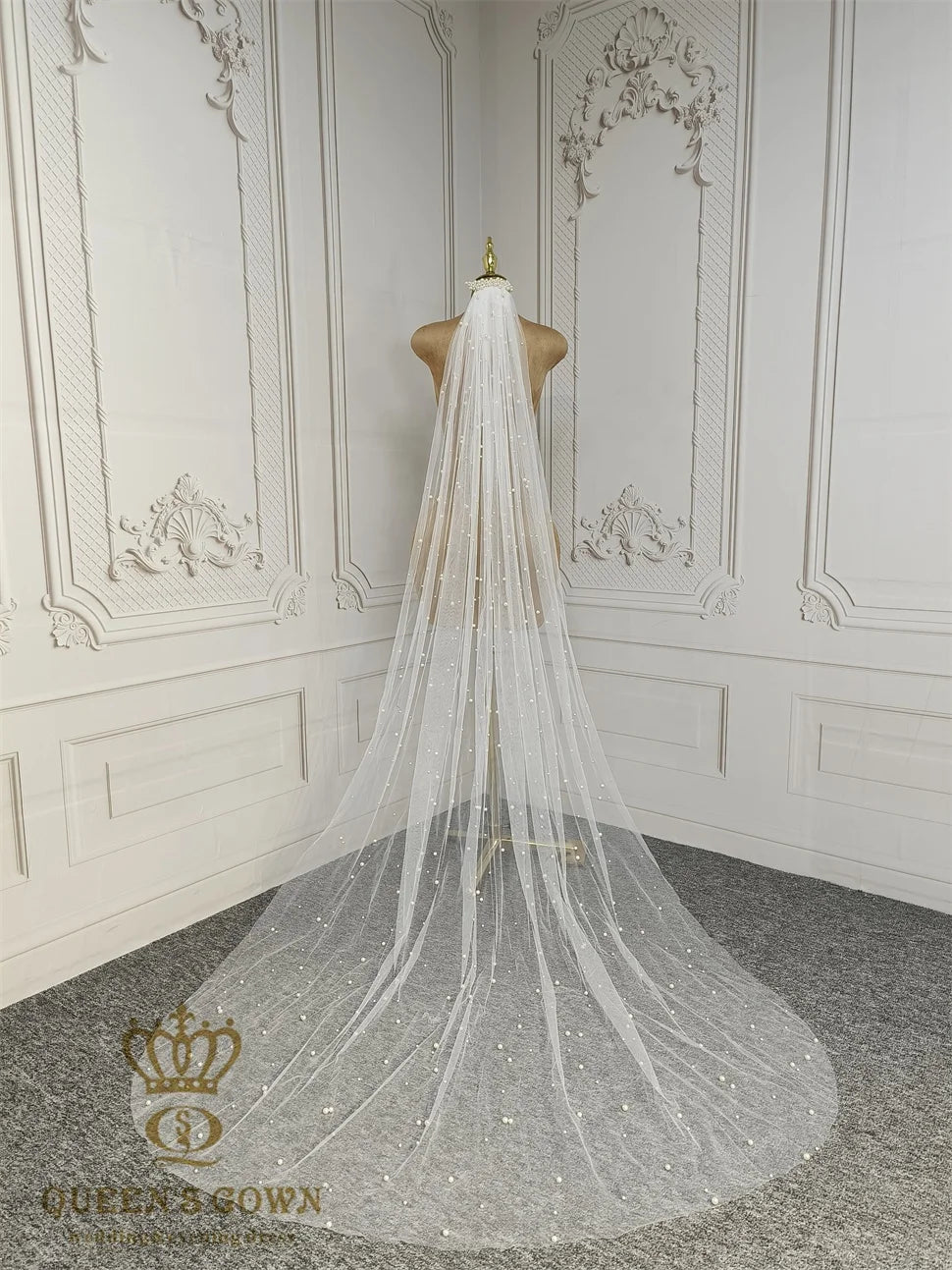 QUEENS GOWN French Vintage Pearls Bridal Veils One-Layer Long Train With Pearls Veil for Bridal Wedding