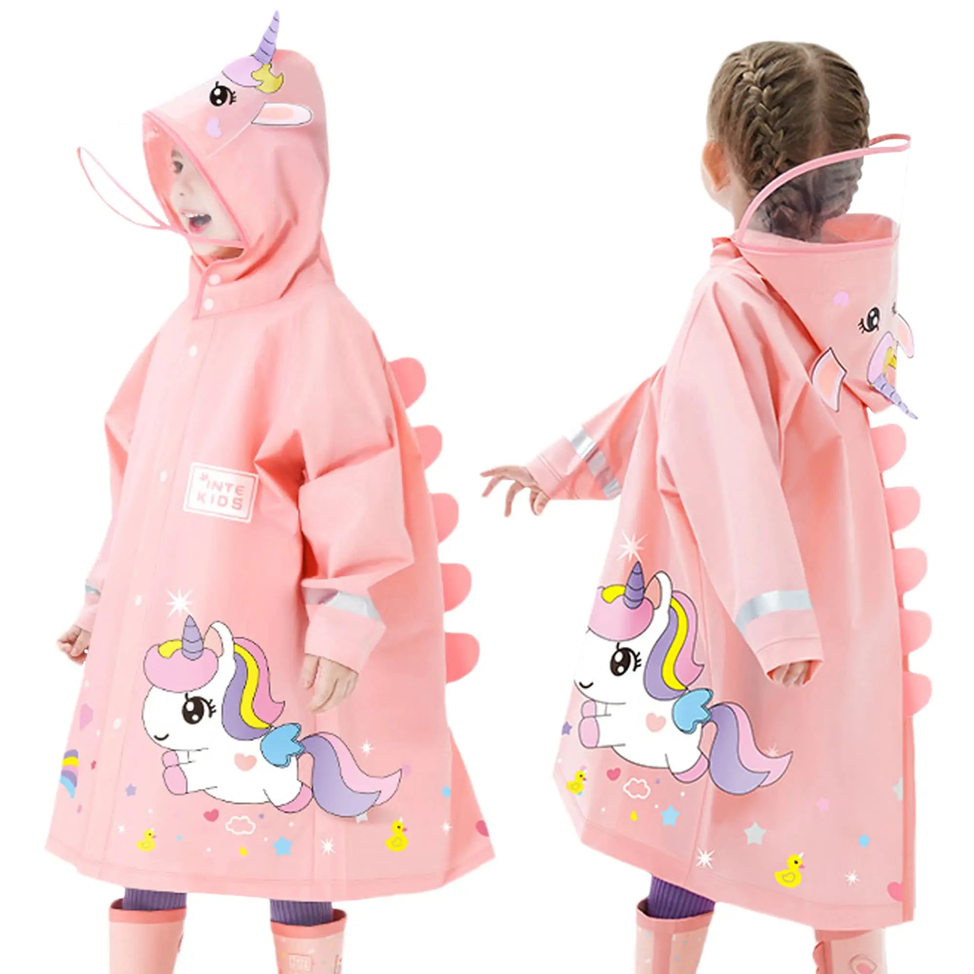 Kids Raincoat Waterproof Cute Unicorn Design with High Collar Waterproof Pocket and Big Space for Schoolbag for Children