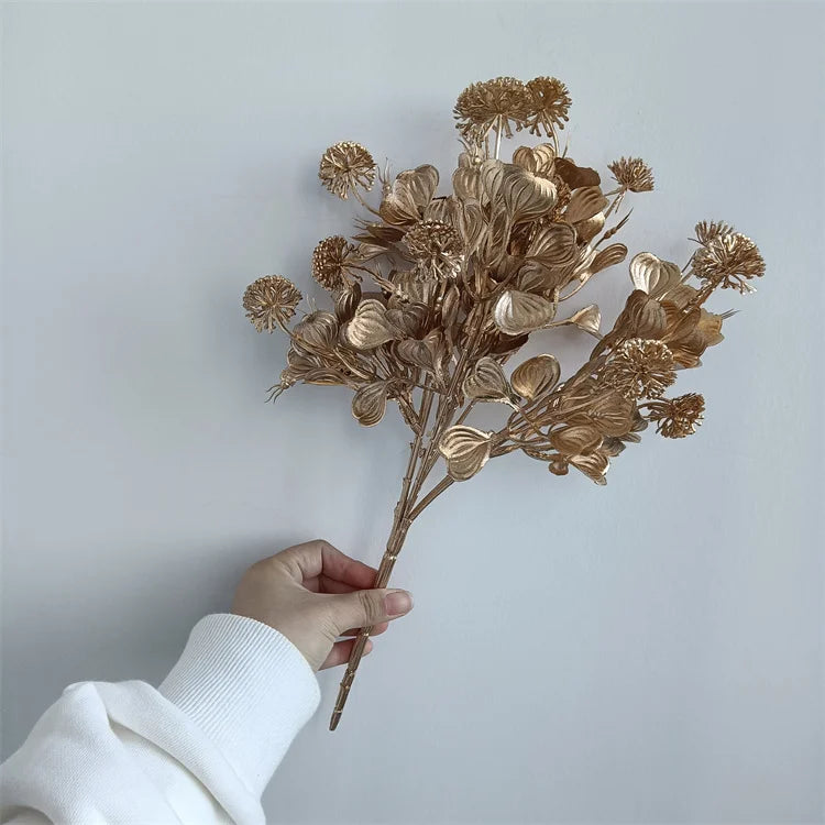 Q-2558 Artificial Eucalyptus Golden Leaves Bundle for Wedding Home Decoration