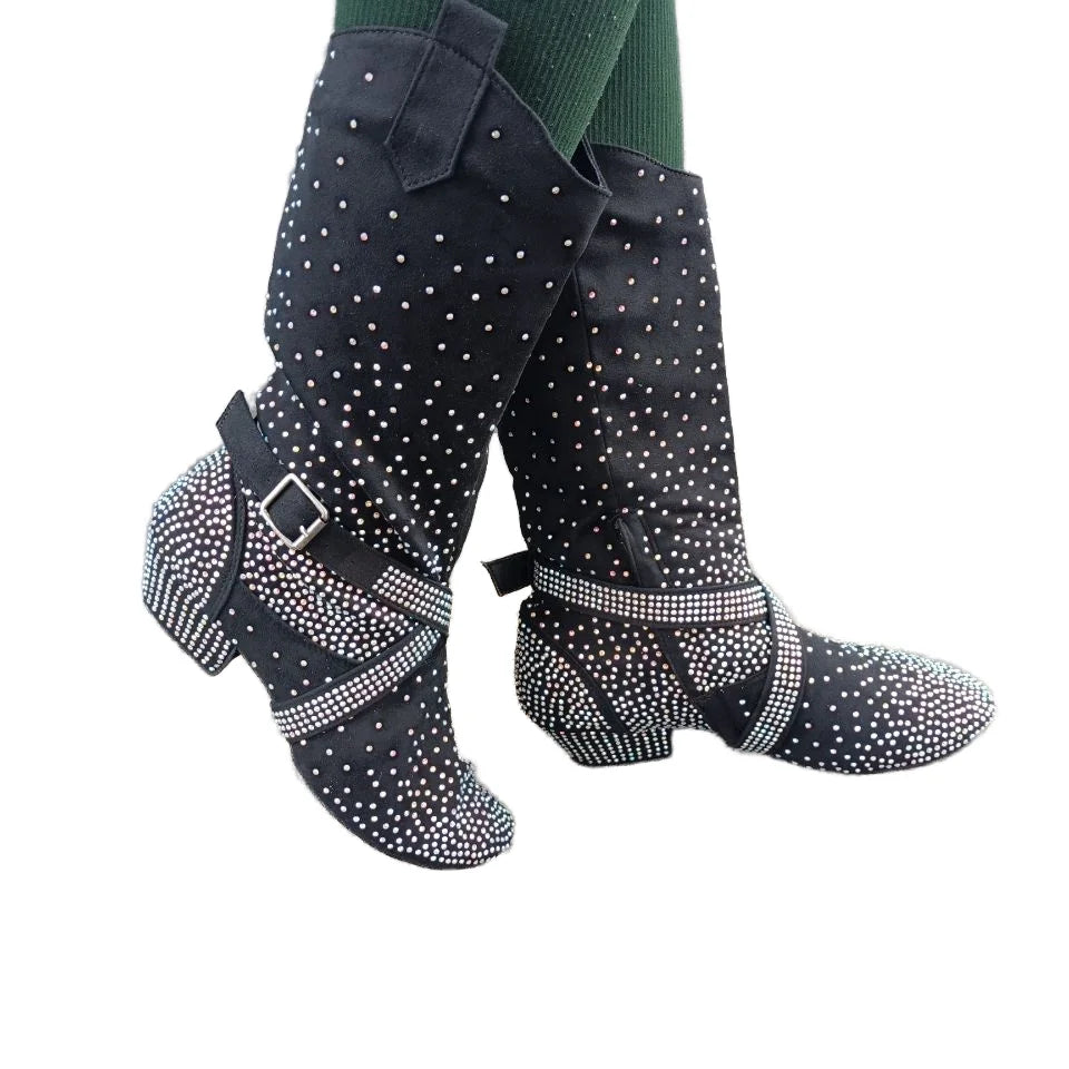 Women's Customized Color Crystal Black Suede Sole Dance Boots with Low Heel (Fast Delivery Soft Lady Dance Shoes)
