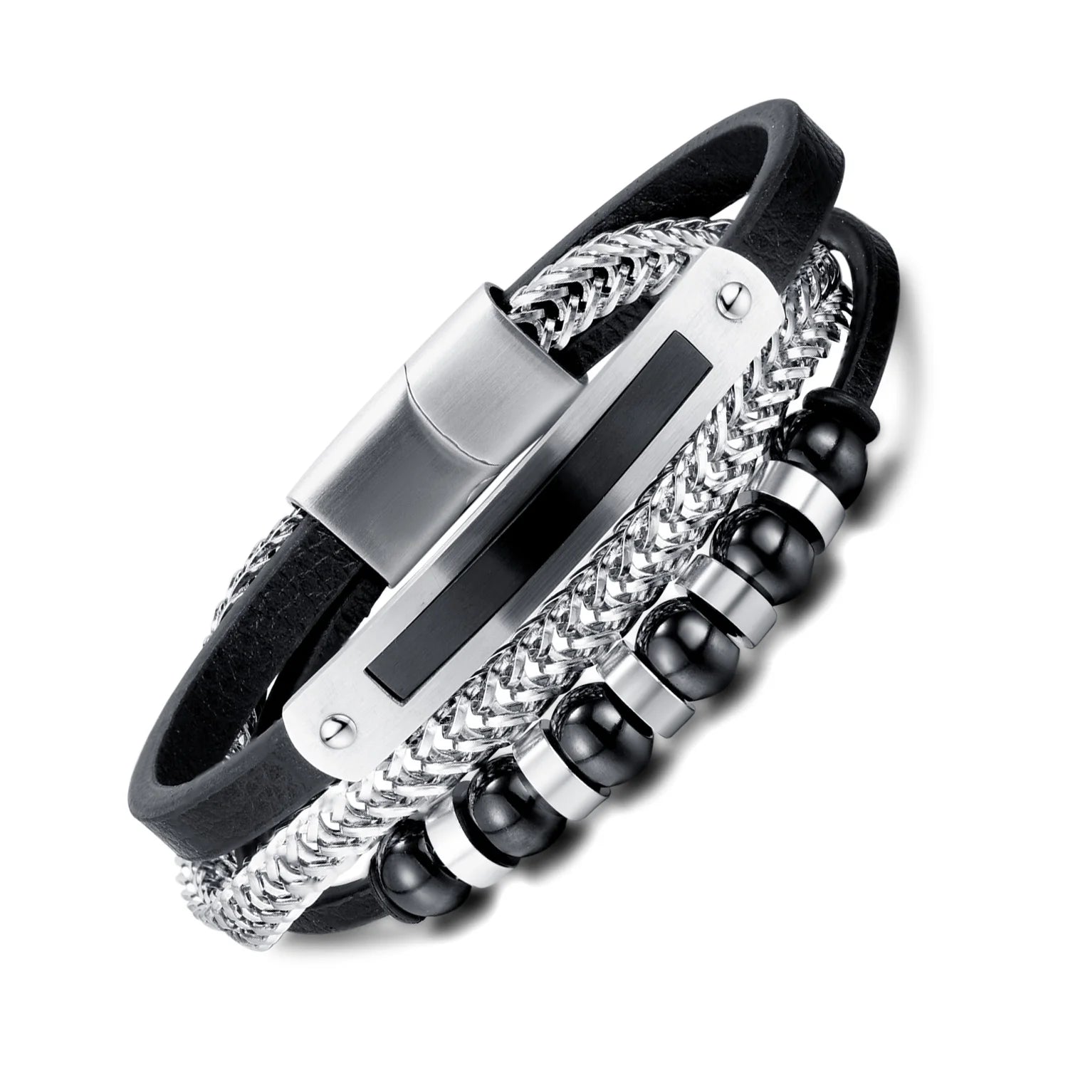 Punk Style Mens Leather Bracelet With Magnetic Clasp Stainless Steel Natural Stone Bead Multilayer Leather Bracelet
