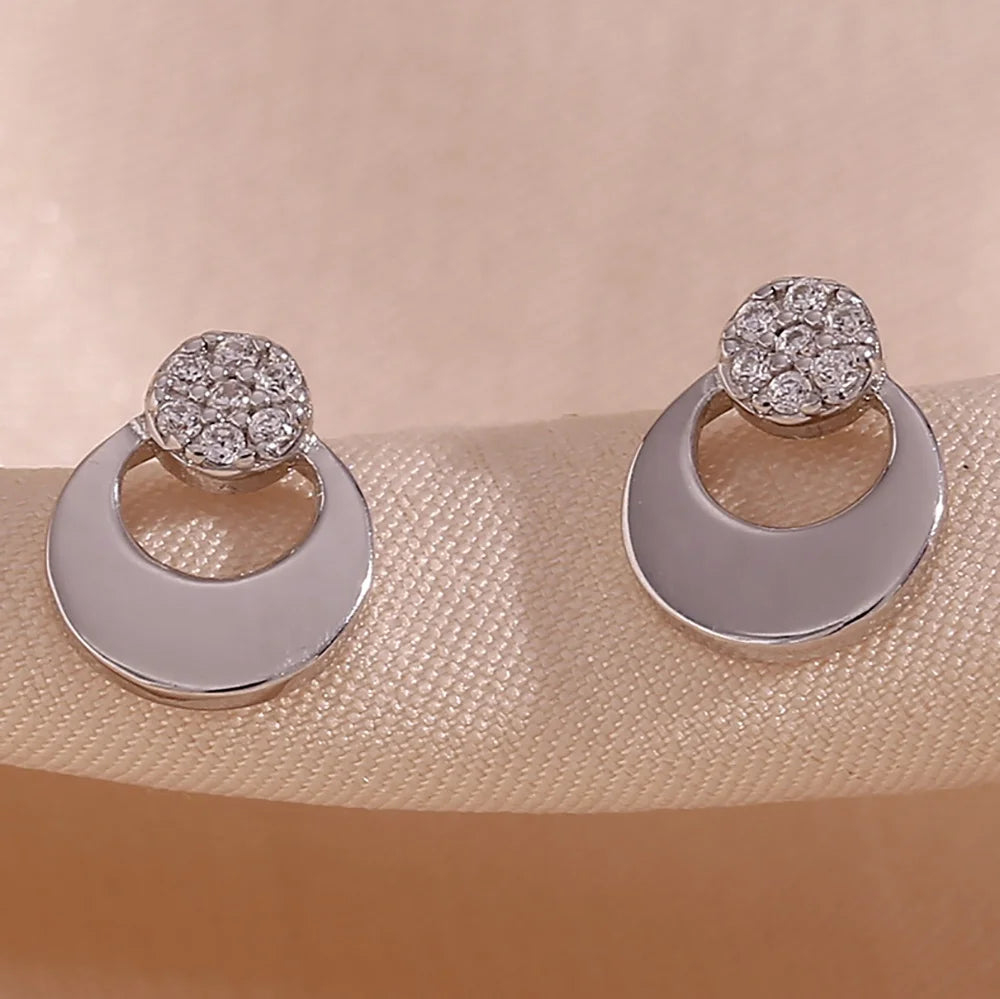 Dainty Sterling Silver Vintage Earrings for Women Zircon Full Moon Stud Earring Round Gold-Plated Korea