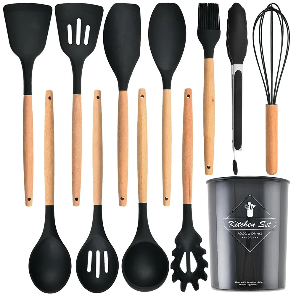 Heat Resistant Silicon Kitchen Cooking Utensils Set 446â„‰ Heat Resistant 12-pcs Non-stick Food Grade Silicone and Wooden Handles