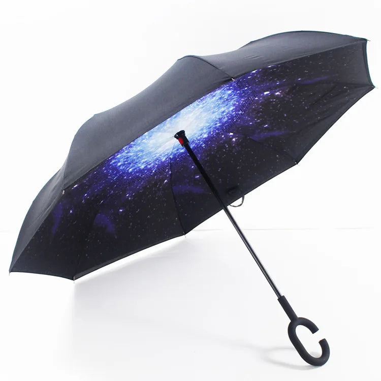 Custom Upside-Down C Hands Free Handle Inside Out Double Layer Sided Car Reserve Inverse Reversible Inverted Reverse Umbrella