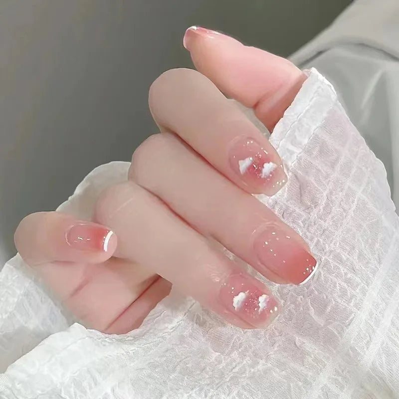 Wholesale Temooi 24Pcs ABS French Design Press on Nails Short Square Round Cute Cloud with Nail Glue Model Packaging
