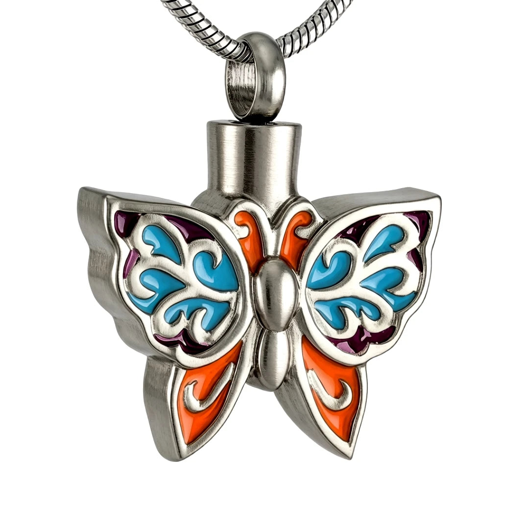 Stainless Steel Vintage Colorful Butterfly Memorial Urn Cremation Ashes Keepsake Necklace Pendant Enamel Cute Ash Holder