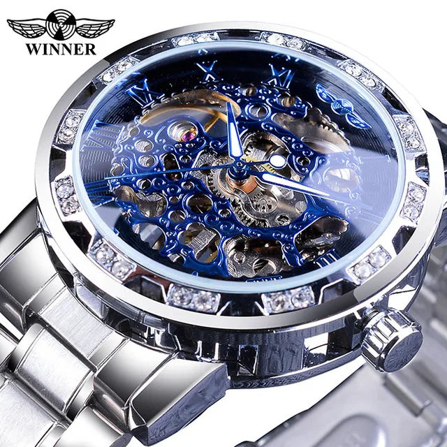 Winner Blue Watches Diamond Design Skeleton Men's Mechanical Wrist Watches Clock Male Luminous Hands Silver Stainless Steel