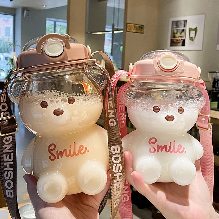 Cute Bear Children Leakproof clear Bpa Free Juice Drinking Cup Sport Reusable School Kids Plastic Water Bottle with Straw