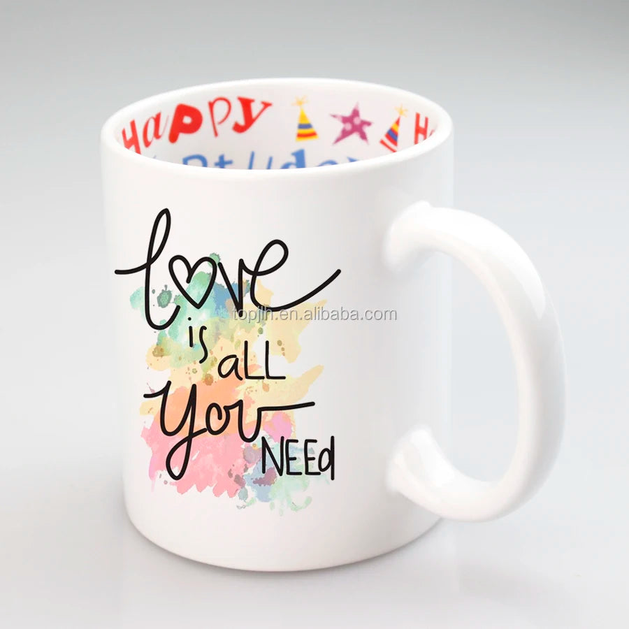 Topjlh 11oz Sublimation Blank White Ceramic Mug with Inside Fixed Printing Customizable Logo Ideal Birthday Gift