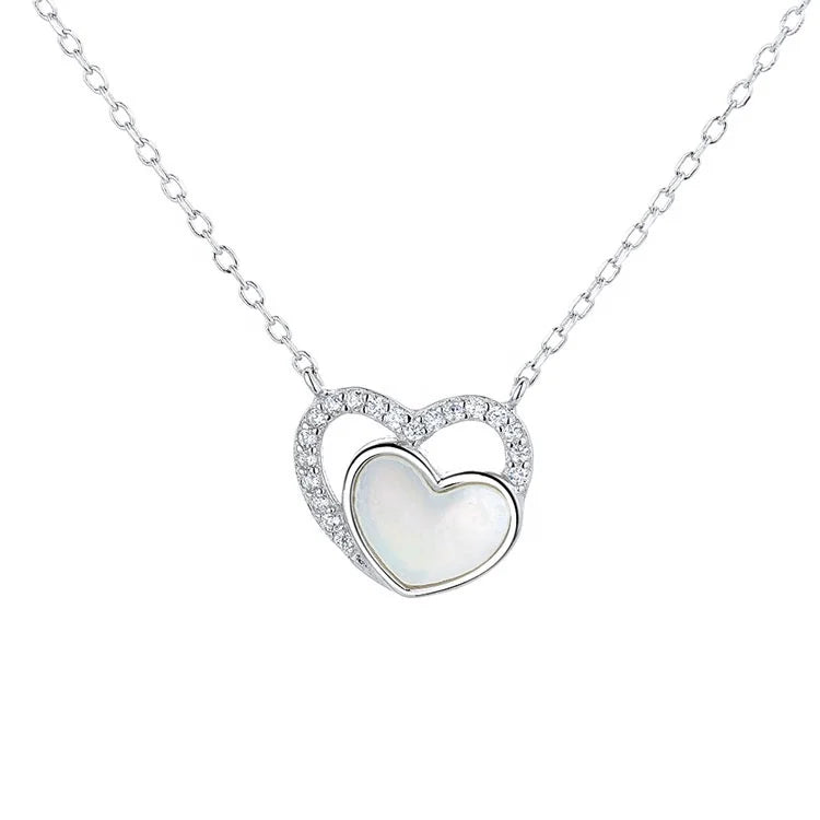 Yaeno Real Silver 925 Double Heart Shell Necklace for Women Fine Love Charm Necklace for Women Valentine's Day Gifts