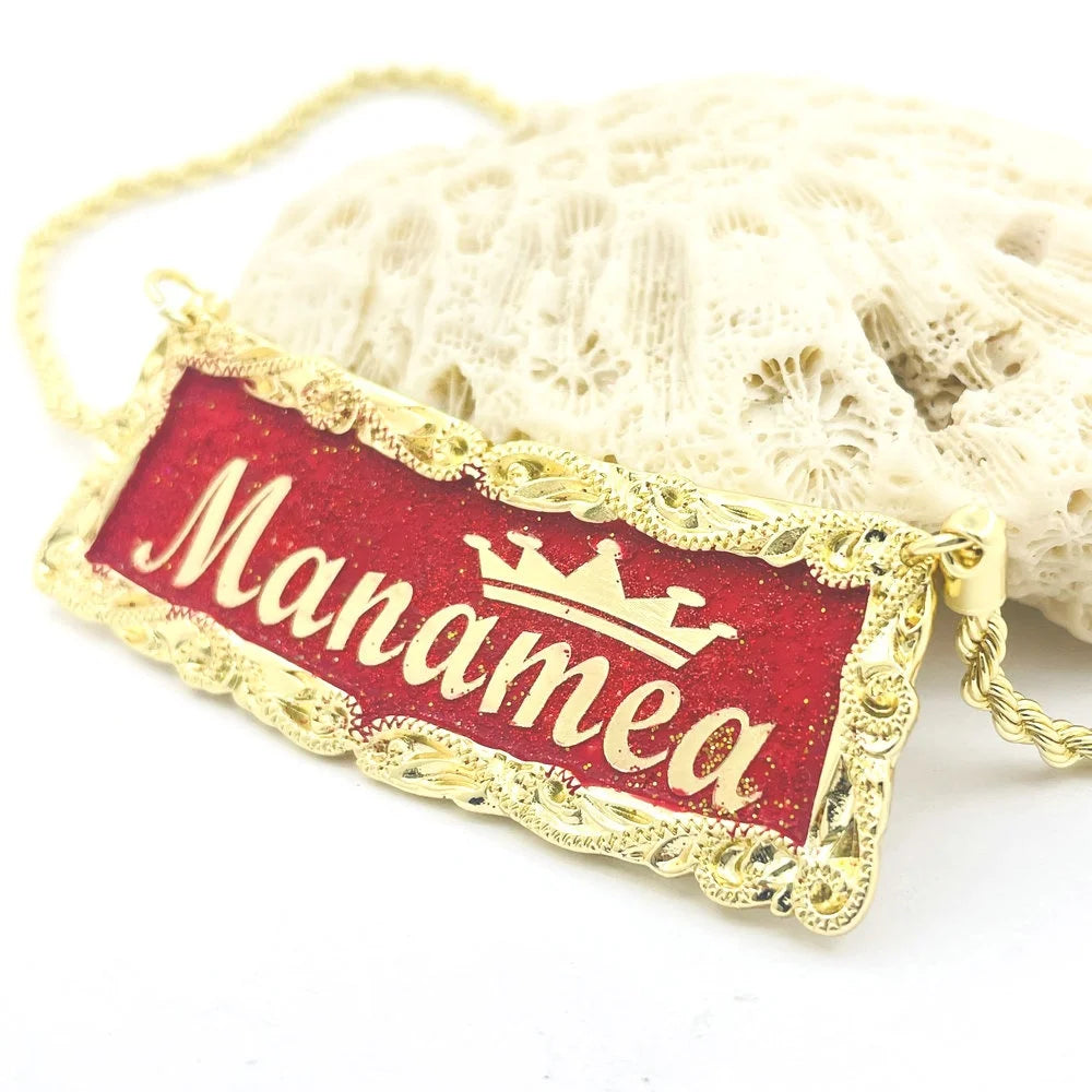 3D Engraved Name Necklace Red Enamel Crown Nameplate with Rope Chain for Women Girl Kids Hawaiian Samoan Gifts Jewelry Wholesale