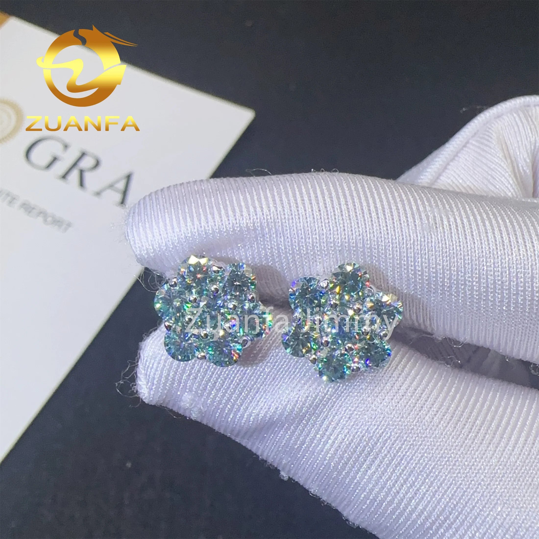 New Design 8mm 12mm Iced Out Hip Hop Luxury Sterling Silver 925 Screw Back Blue Green Moissanite Diamond Cluster Stud Earrings