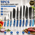 Professional 10-Set High Carbon Stainless Steel Japanese Kitchen Knife With Blue Resin Handle Damascus Blade Food Commercial Use