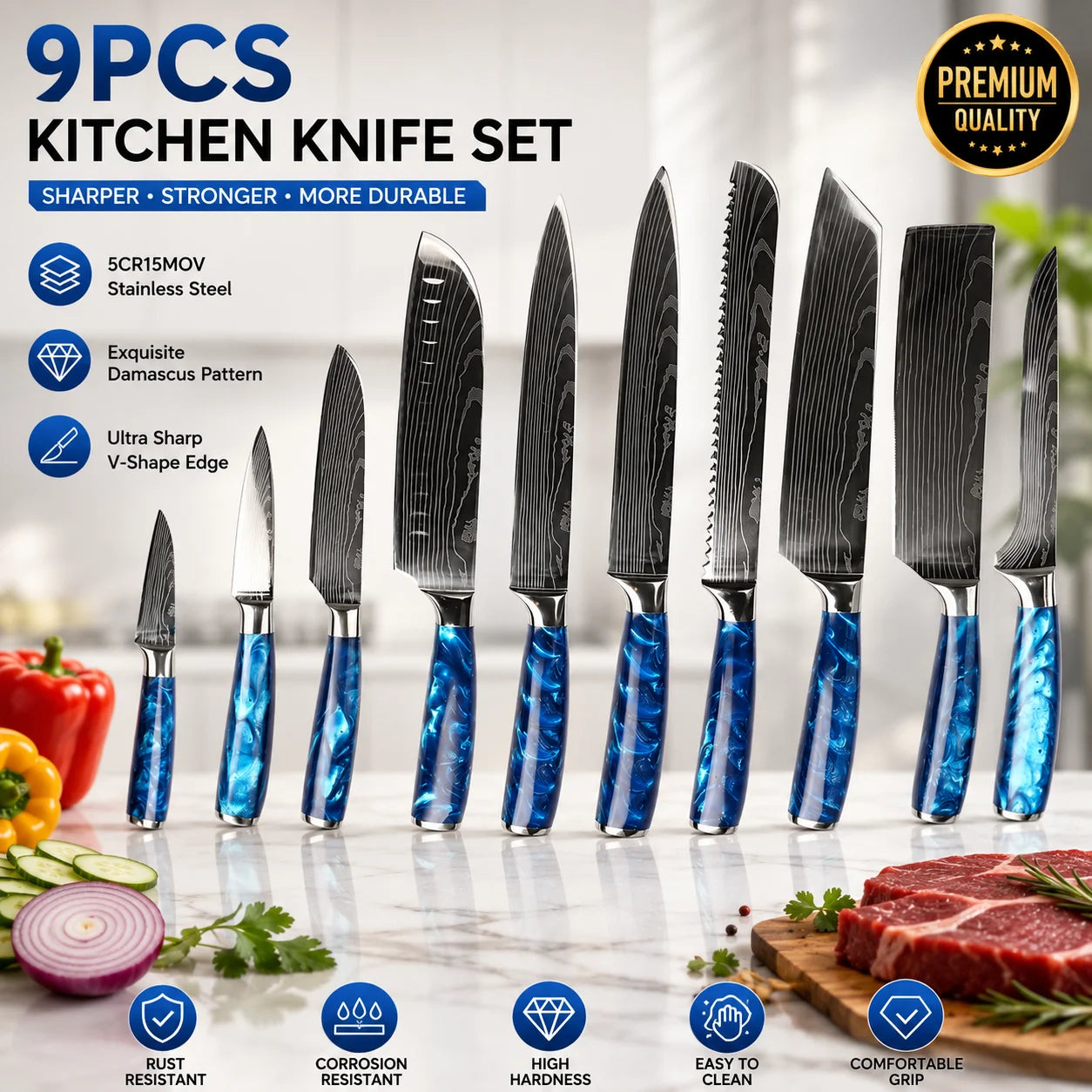Professional 10-Set High Carbon Stainless Steel Japanese Kitchen Knife With Blue Resin Handle Damascus Blade Food Commercial Use