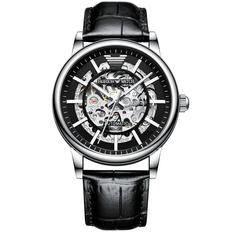 Cool Hollow Face Design Stainless 30M Waterproof Casual Genuine Leather Strap Men Wrist Automatic Mechanical Skeleton Watch
