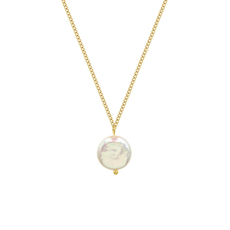 Trendy Simple Round Shape Big Mother of Baroque Freshwater Pearl 18k Gold Stainless Titanium Steel Pendant Necklace Jewelry