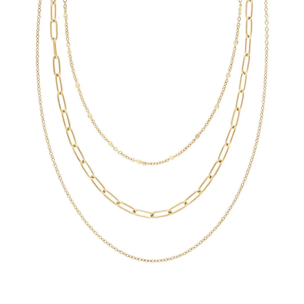 Joolim Jewelry 18K Gold Plated Triple Layered Three Layers Mixed Link Chain Necklace Stainless Steel Jewelry Wholesale